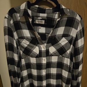 Express Black, Purple, and White Plaid Button-Up